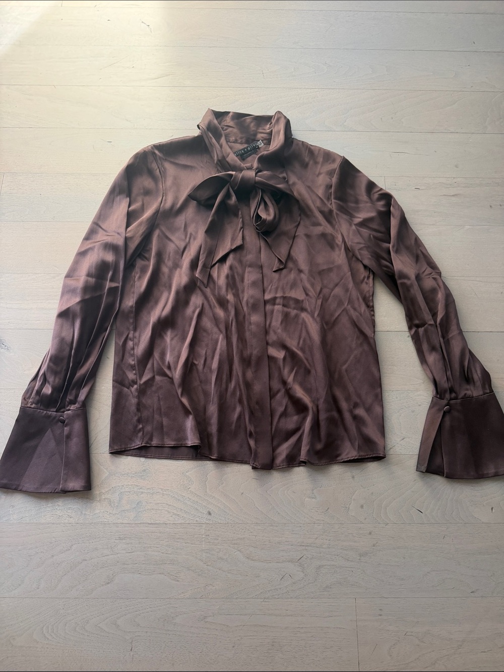 Alice + Olivia Chocolate Brown Silk Button Down Blouse with Tie Collar